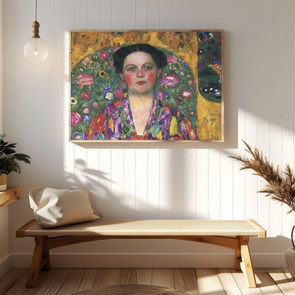 Immerse yourself in this exquisite artwork featuring a striking portrait enveloped in vivid floral for Hallway