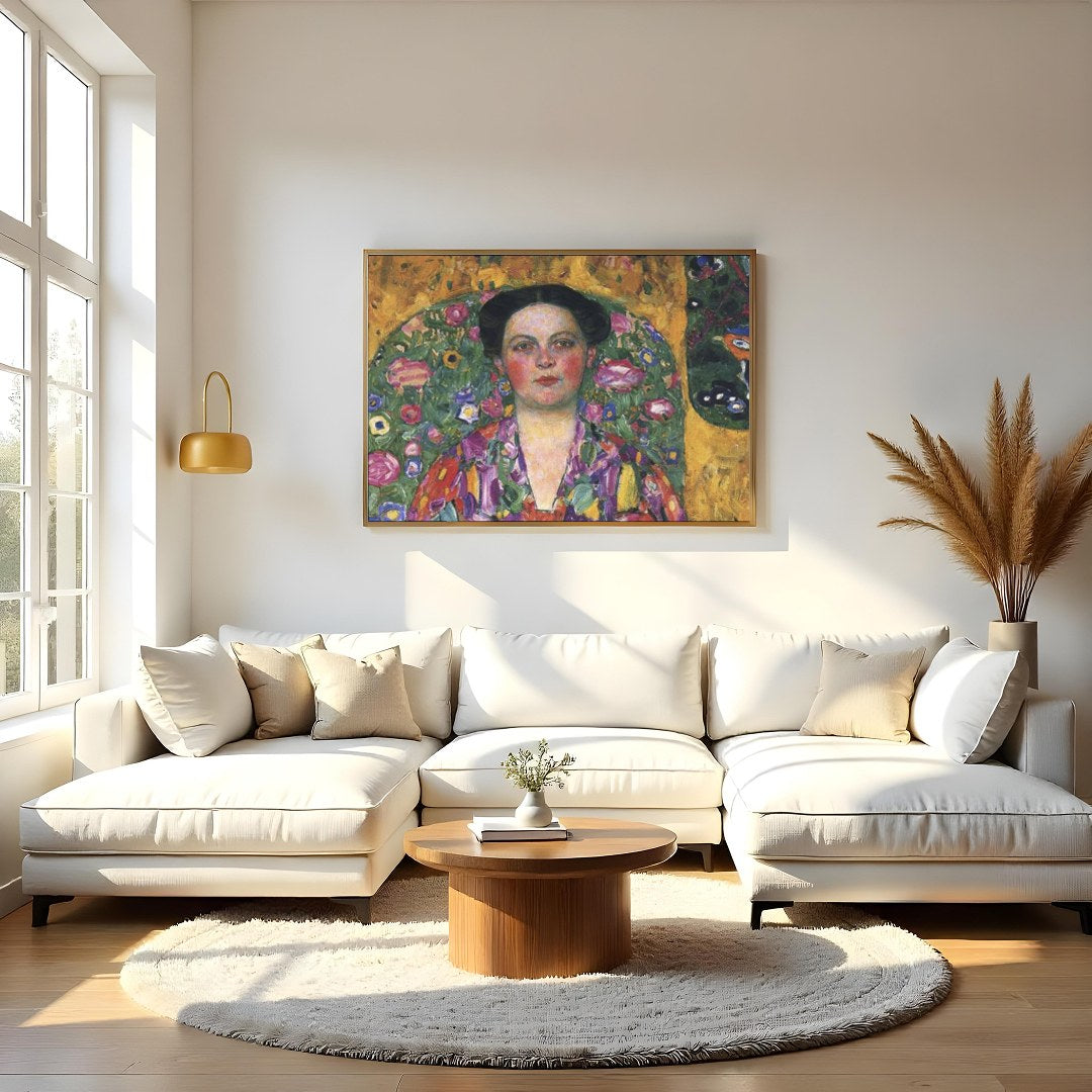Immerse yourself in this exquisite artwork featuring a striking portrait enveloped in vivid floral for Living Room