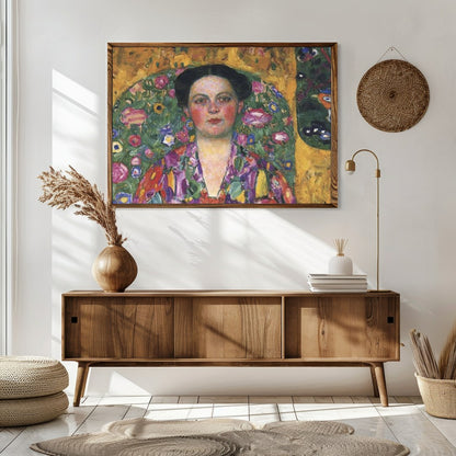 Immerse yourself in this exquisite artwork featuring a striking portrait enveloped in vivid floral for Sitting Area