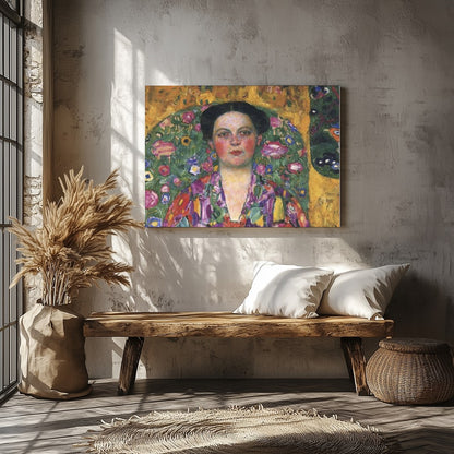 Immerse yourself in this exquisite artwork featuring a striking portrait enveloped in vivid floral for Veranda