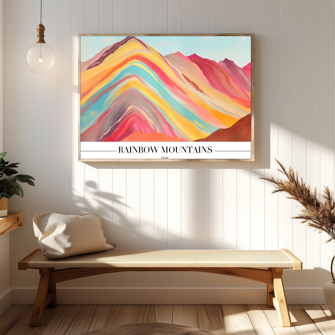 Immerse yourself in the breathtaking hues of the Rainbow Mountains with this stunning artwork. for Hallway