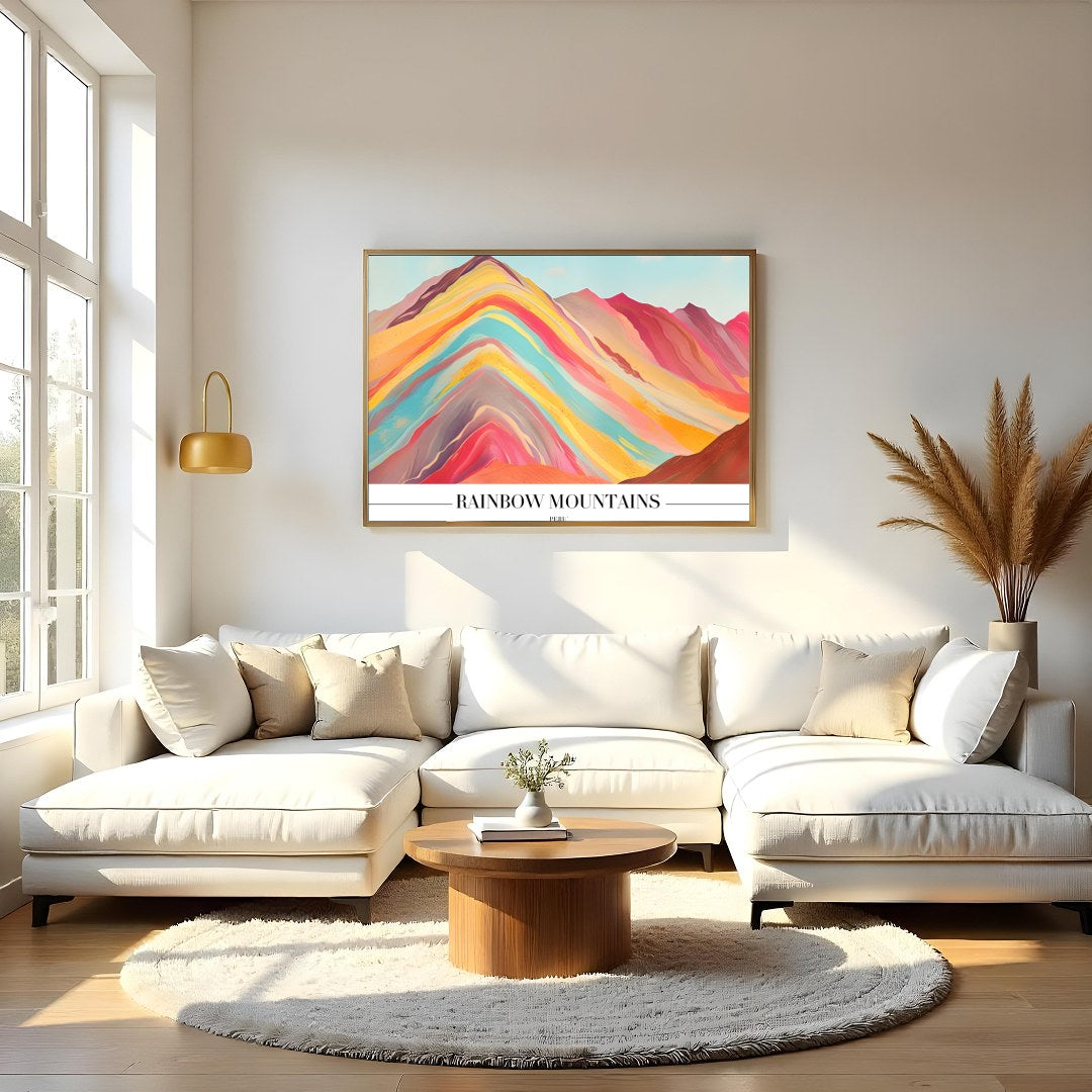 Immerse yourself in the breathtaking hues of the Rainbow Mountains with this stunning artwork. for Living Room