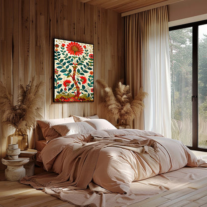 Immerse yourself in a lush garden with this striking floral artwork. Rich reds and greens paint a for Bedroom