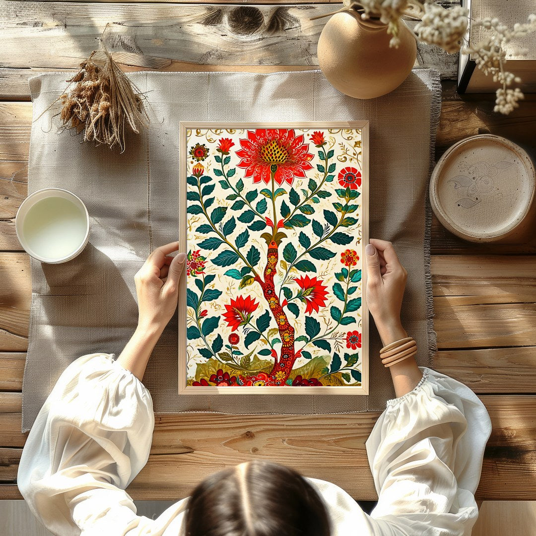 Immerse yourself in a lush garden with this striking floral artwork. Rich reds and greens paint a for decor