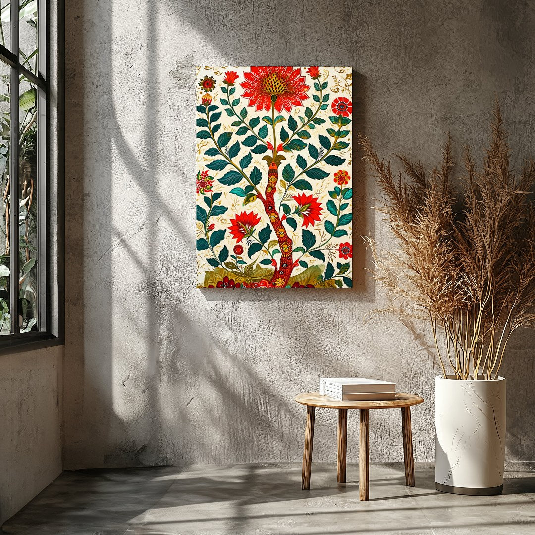 Immerse yourself in a lush garden with this striking floral artwork. Rich reds and greens paint a for Entrance