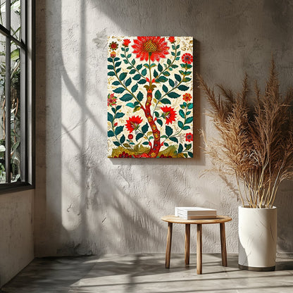 Immerse yourself in a lush garden with this striking floral artwork. Rich reds and greens paint a for Entrance