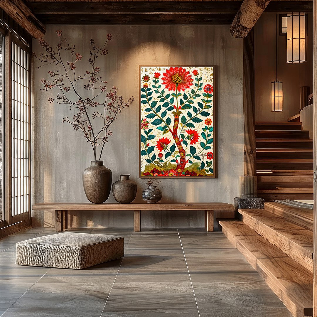 Immerse yourself in a lush garden with this striking floral artwork. Rich reds and greens paint a for Hall