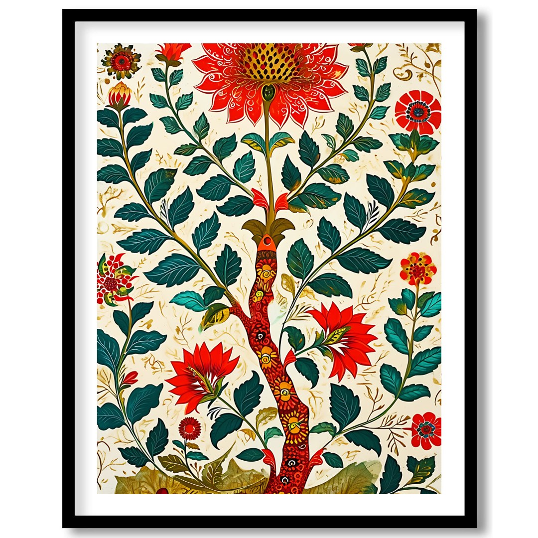 Immerse yourself in a lush garden with this striking floral artwork. Rich reds and greens paint a for interior