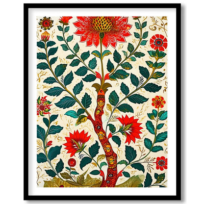 Immerse yourself in a lush garden with this striking floral artwork. Rich reds and greens paint a for interior
