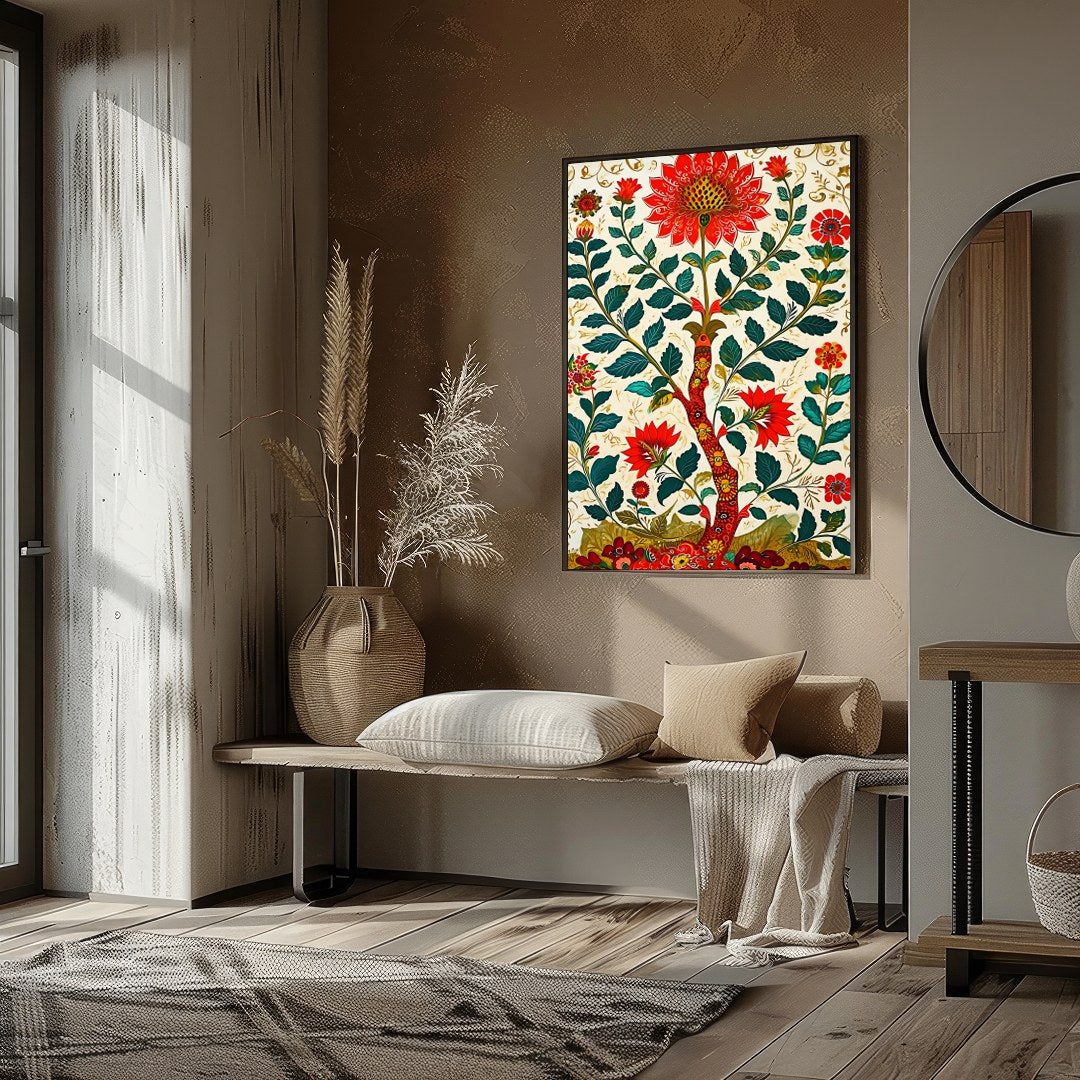 Immerse yourself in a lush garden with this striking floral artwork. Rich reds and greens paint a for studio