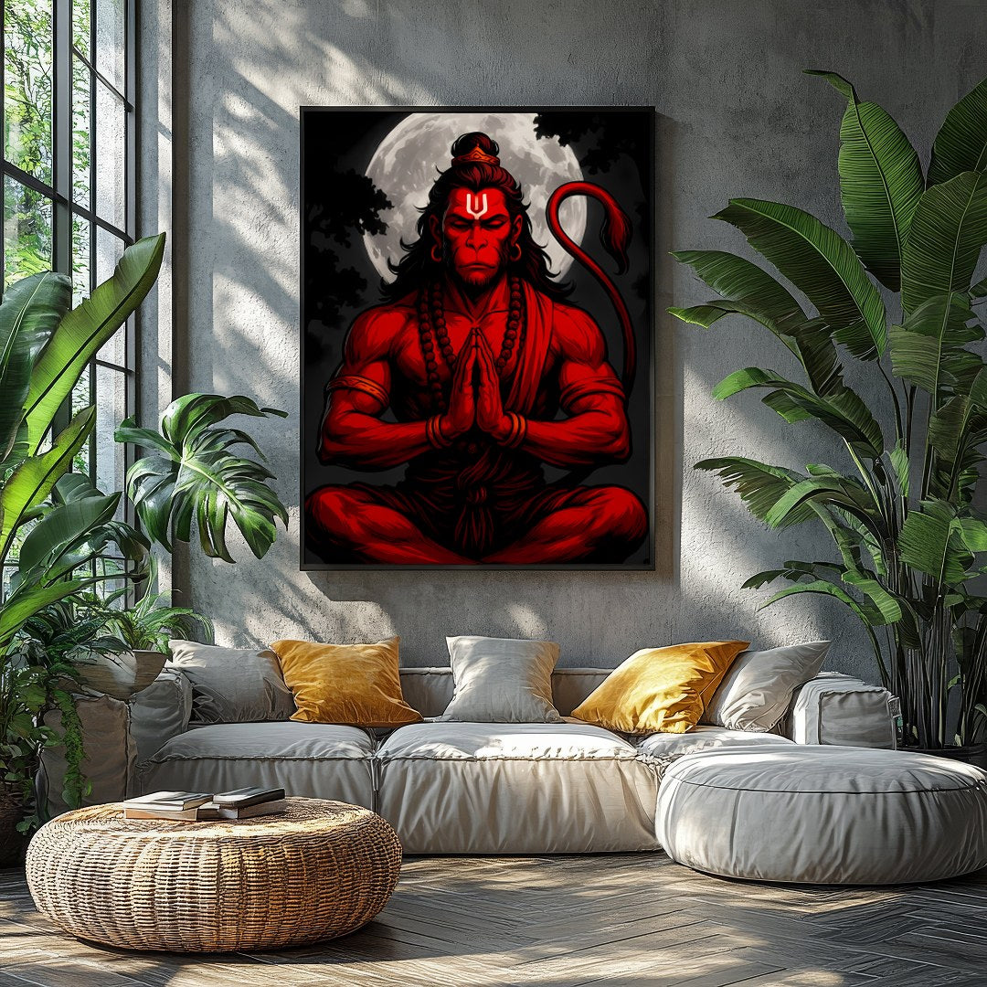 Capture the mystical allure of Hanuman in this striking artwork, where bold red hues contrast for Balcony