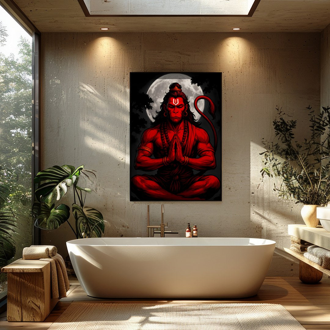 Capture the mystical allure of Hanuman in this striking artwork, where bold red hues contrast for Bathroom