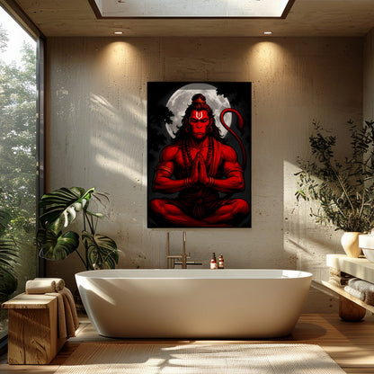 Capture the mystical allure of Hanuman in this striking artwork, where bold red hues contrast for Bathroom
