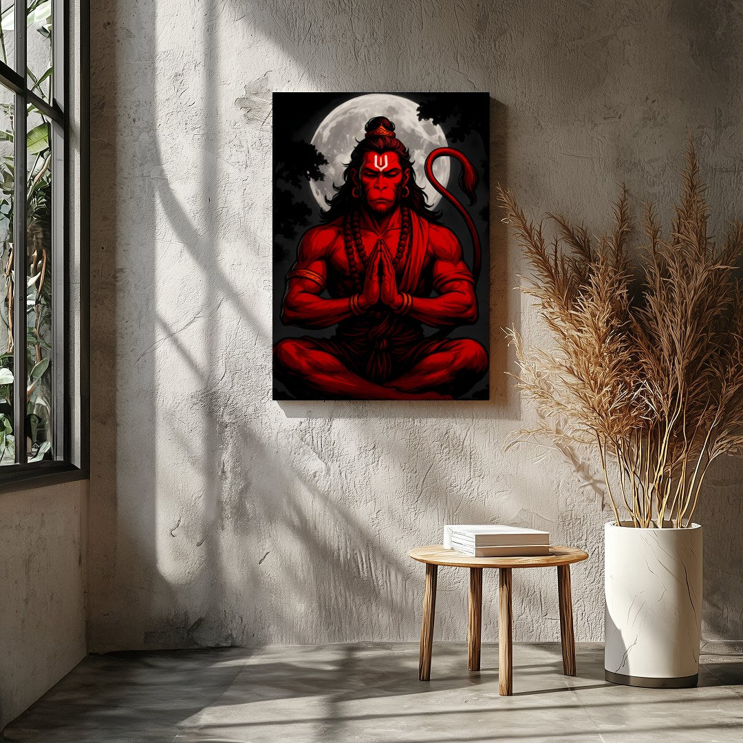 Capture the mystical allure of Hanuman in this striking artwork, where bold red hues contrast for Entrance