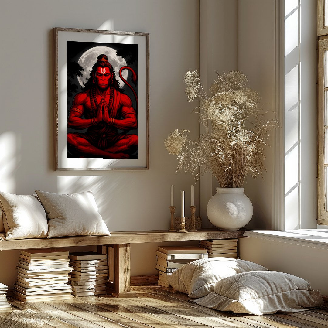Capture the mystical allure of Hanuman in this striking artwork, where bold red hues contrast for gallery
