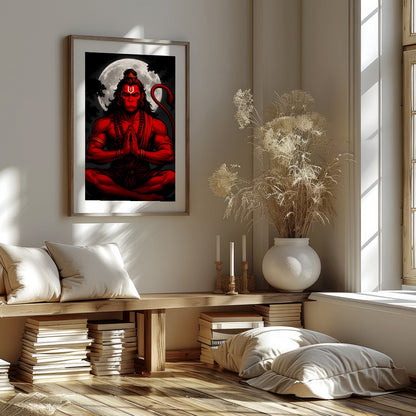 Capture the mystical allure of Hanuman in this striking artwork, where bold red hues contrast for gallery