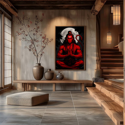 Capture the mystical allure of Hanuman in this striking artwork, where bold red hues contrast for Hall
