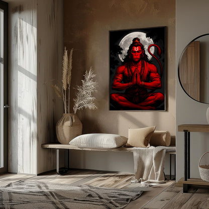Capture the mystical allure of Hanuman in this striking artwork, where bold red hues contrast for haven