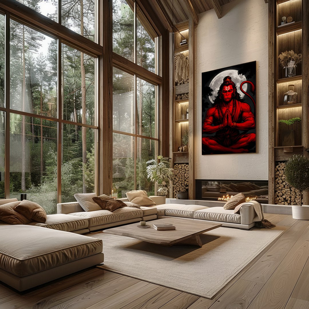 Capture the mystical allure of Hanuman in this striking artwork, where bold red hues contrast for Living Room