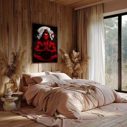 Capture the mystical allure of Hanuman in this striking artwork, where bold red hues contrast for Bedroom