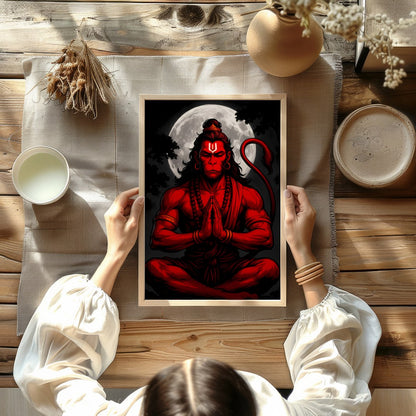Capture the mystical allure of Hanuman in this striking artwork, where bold red hues contrast for room