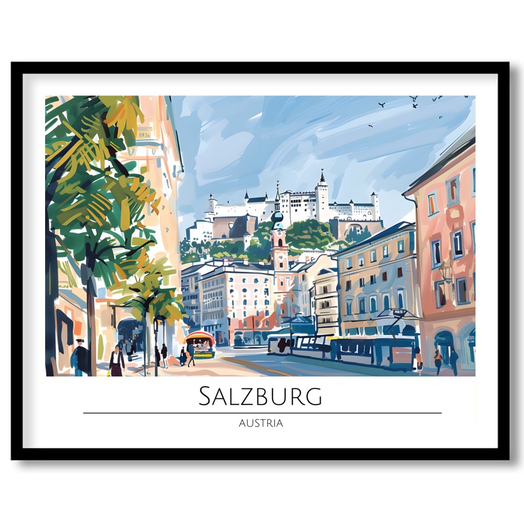Capture the lively charm of Salzburg through this vibrant cityscape artwork. The dynamic interplay for area