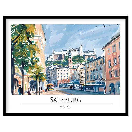 Capture the lively charm of Salzburg through this vibrant cityscape artwork. The dynamic interplay for area