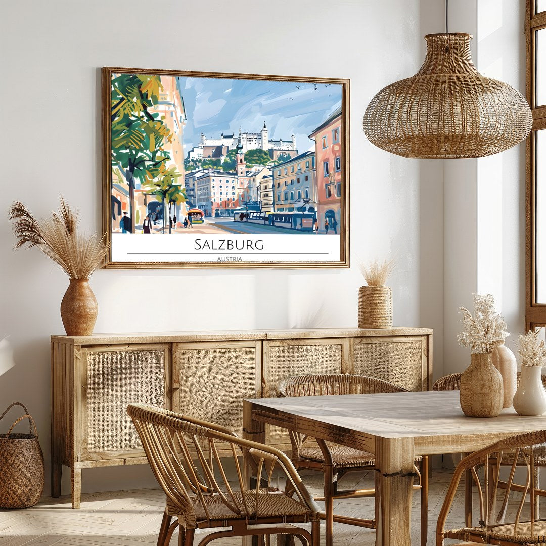 Capture the lively charm of Salzburg through this vibrant cityscape artwork. The dynamic interplay for Dining