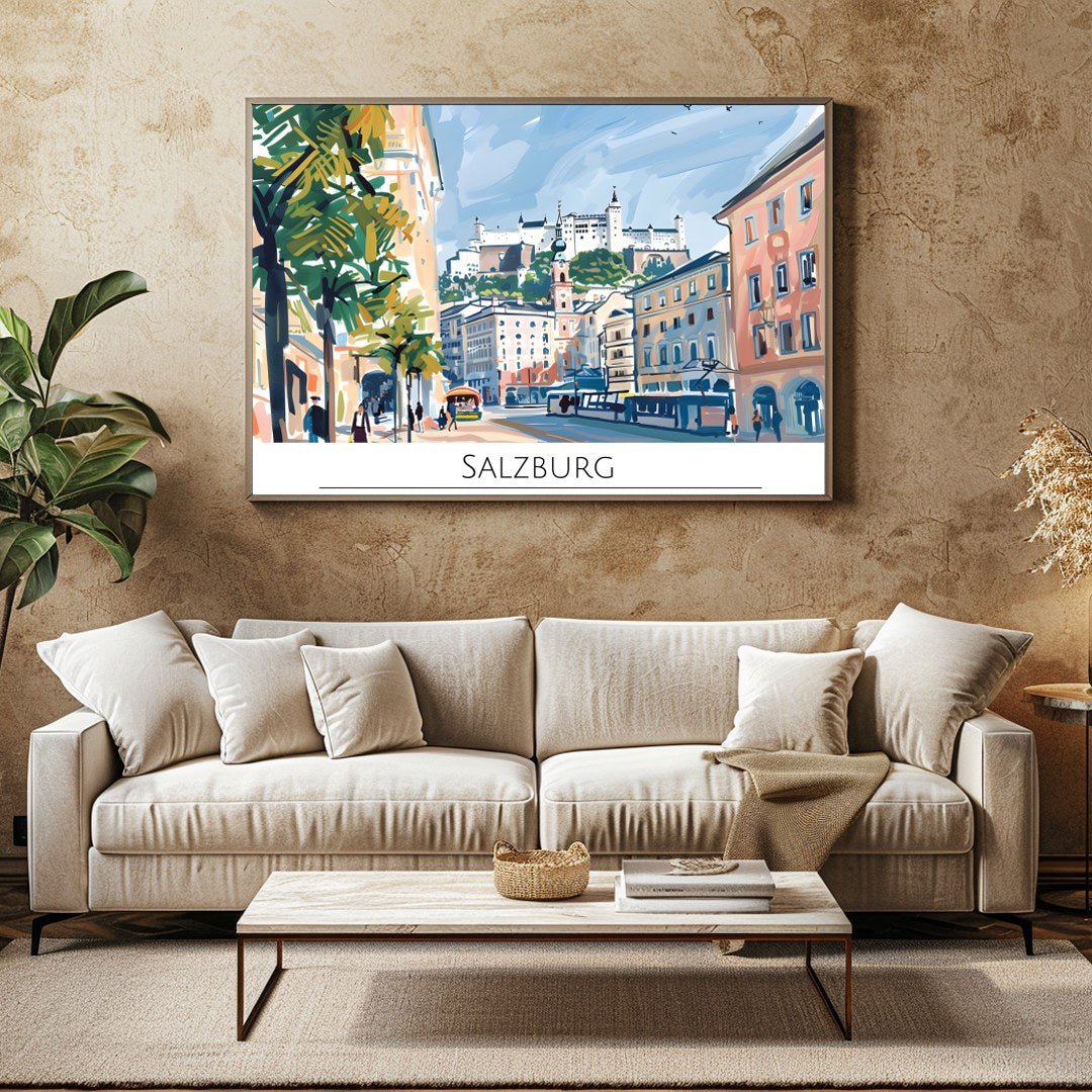 Capture the lively charm of Salzburg through this vibrant cityscape artwork. The dynamic interplay for Family Room