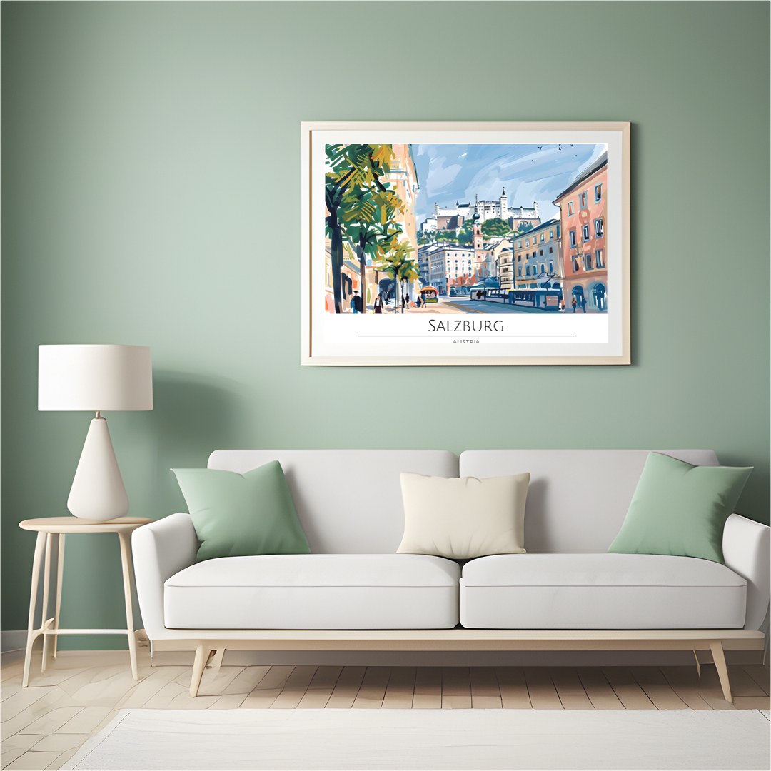 Capture the lively charm of Salzburg through this vibrant cityscape artwork. The dynamic interplay for Hall