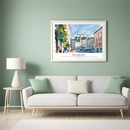 Capture the lively charm of Salzburg through this vibrant cityscape artwork. The dynamic interplay for Hall