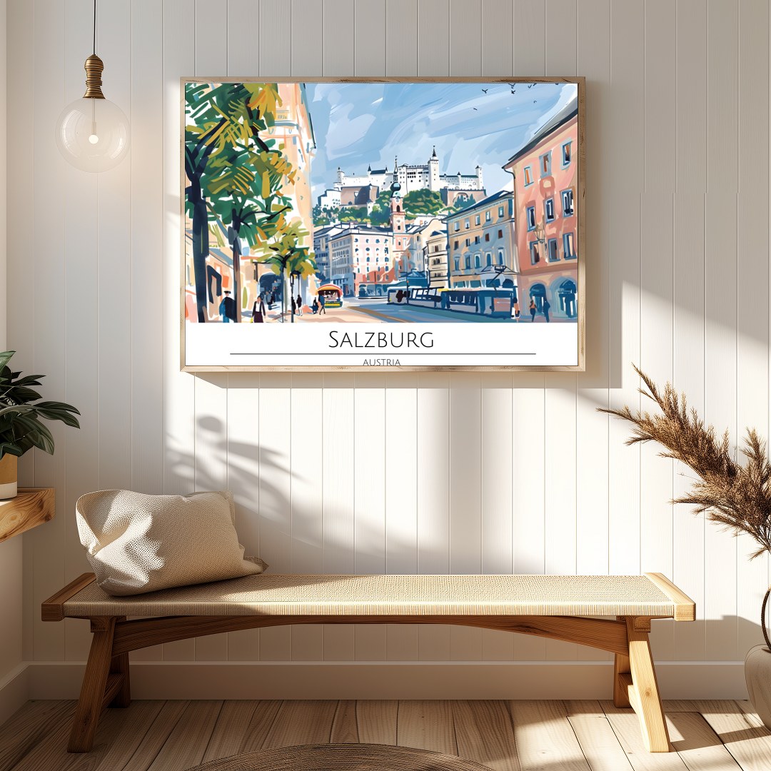 Capture the lively charm of Salzburg through this vibrant cityscape artwork. The dynamic interplay for Hallway