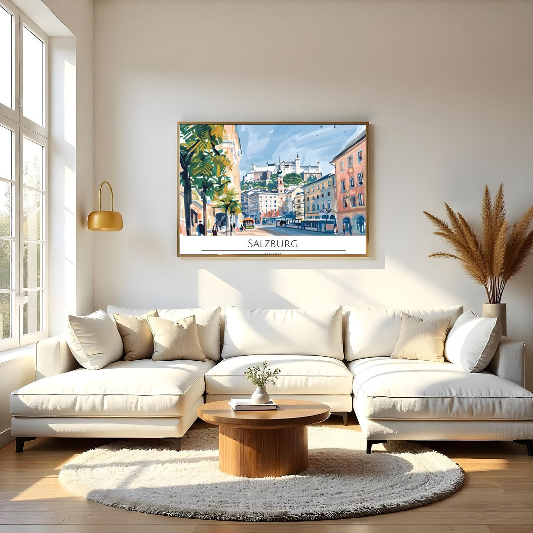 Capture the lively charm of Salzburg through this vibrant cityscape artwork. The dynamic interplay for Living Room