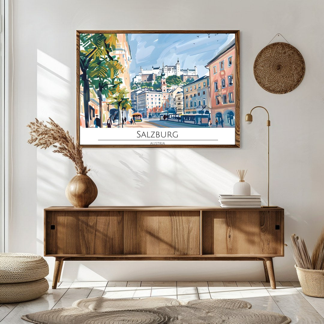 Capture the lively charm of Salzburg through this vibrant cityscape artwork. The dynamic interplay for Sitting Area