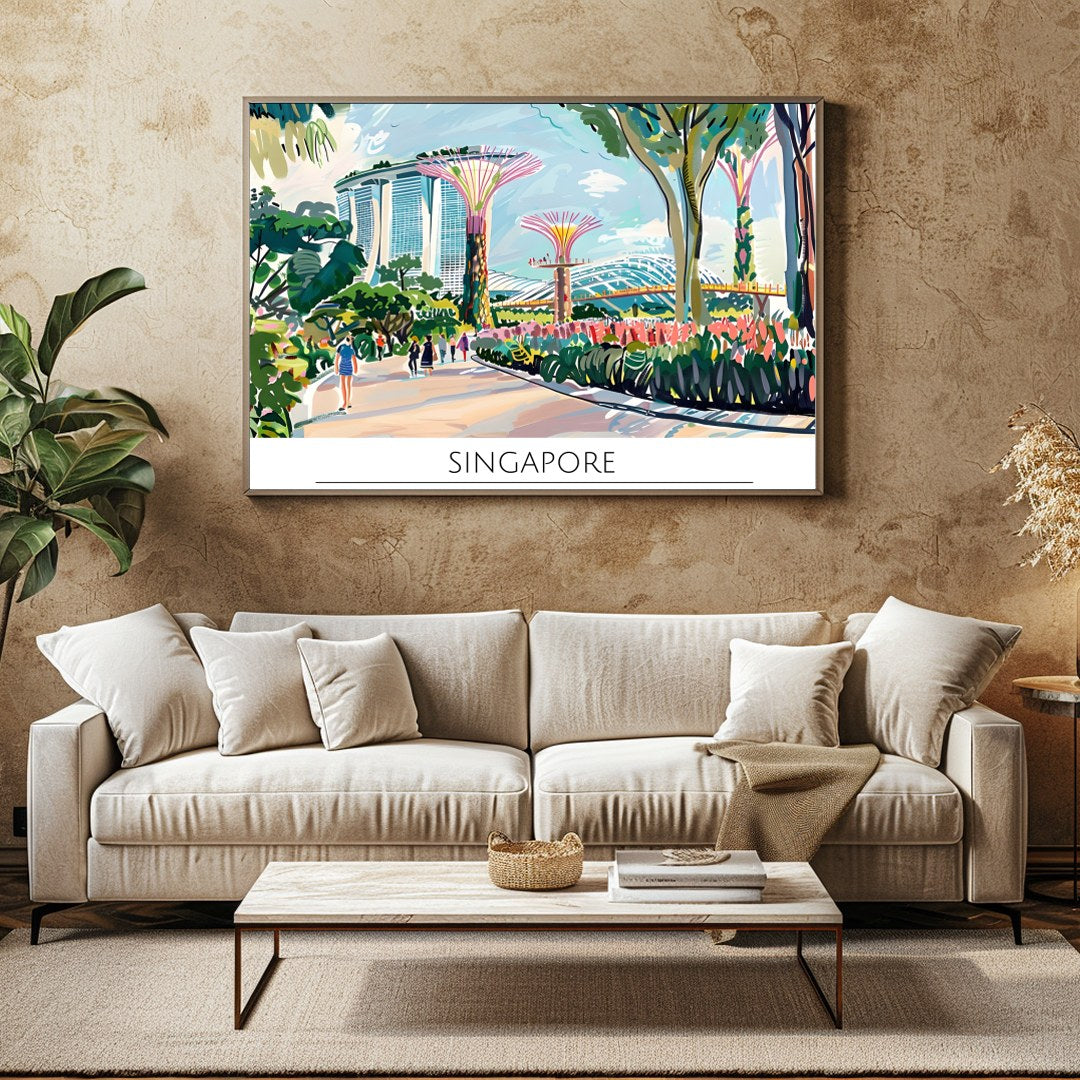 Immerse yourself in the bustling vibrancy of Singapore with this lively cityscape art piece. for Family Room