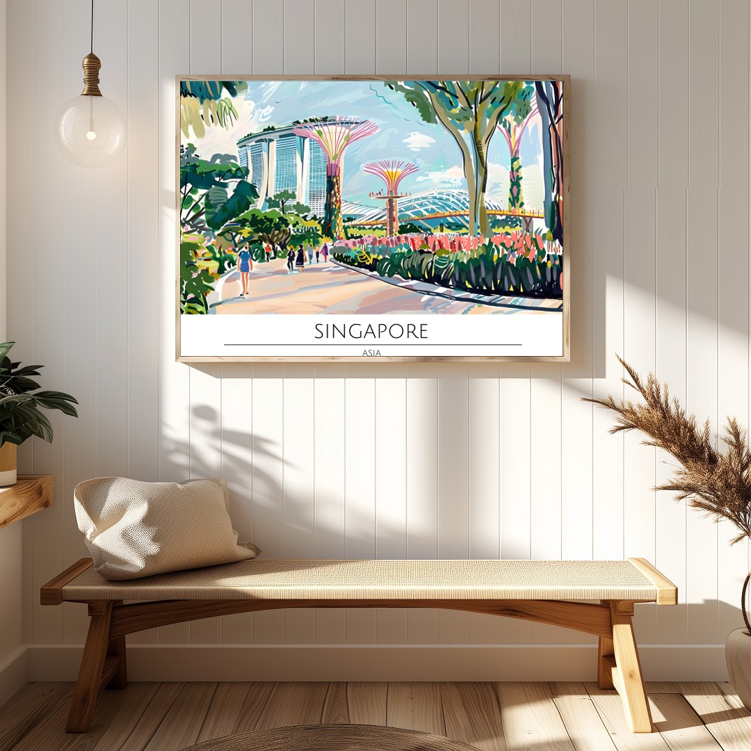 Immerse yourself in the bustling vibrancy of Singapore with this lively cityscape art piece. for Hallway