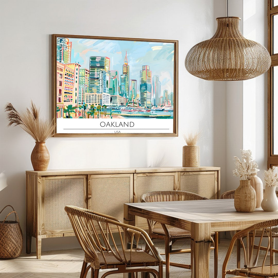 Immerse yourself in the dynamic cityscape of Oakland with this stunning artwork. Featuring a lively for Dining