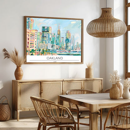 Immerse yourself in the dynamic cityscape of Oakland with this stunning artwork. Featuring a lively for Dining