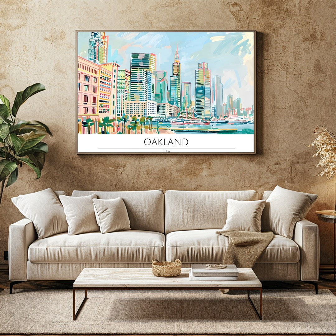 Immerse yourself in the dynamic cityscape of Oakland with this stunning artwork. Featuring a lively for Family Room