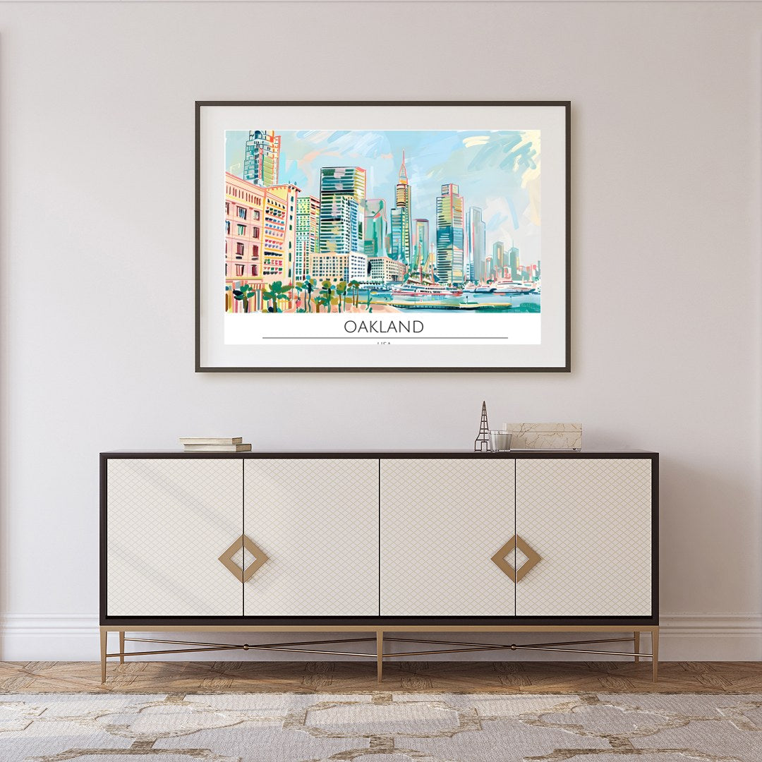 Immerse yourself in the dynamic cityscape of Oakland with this stunning artwork. Featuring a lively for Foyer
