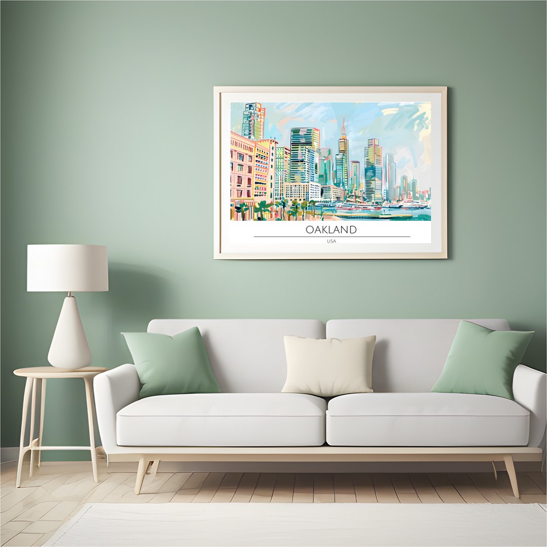 Immerse yourself in the dynamic cityscape of Oakland with this stunning artwork. Featuring a lively for Hall