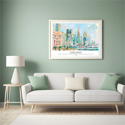 Immerse yourself in the dynamic cityscape of Oakland with this stunning artwork. Featuring a lively for Hall