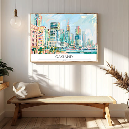 Immerse yourself in the dynamic cityscape of Oakland with this stunning artwork. Featuring a lively for Hallway