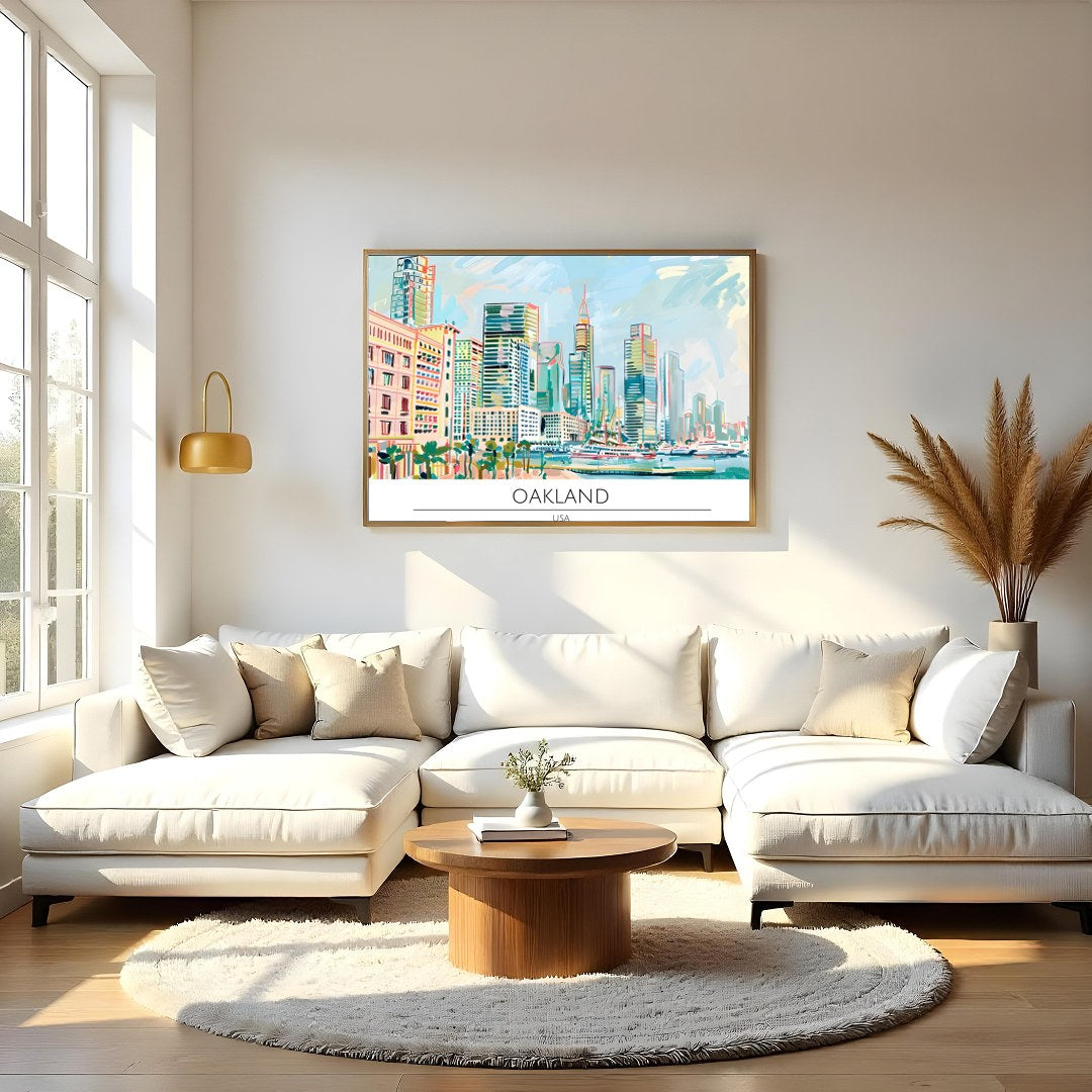 Immerse yourself in the dynamic cityscape of Oakland with this stunning artwork. Featuring a lively for Living Room