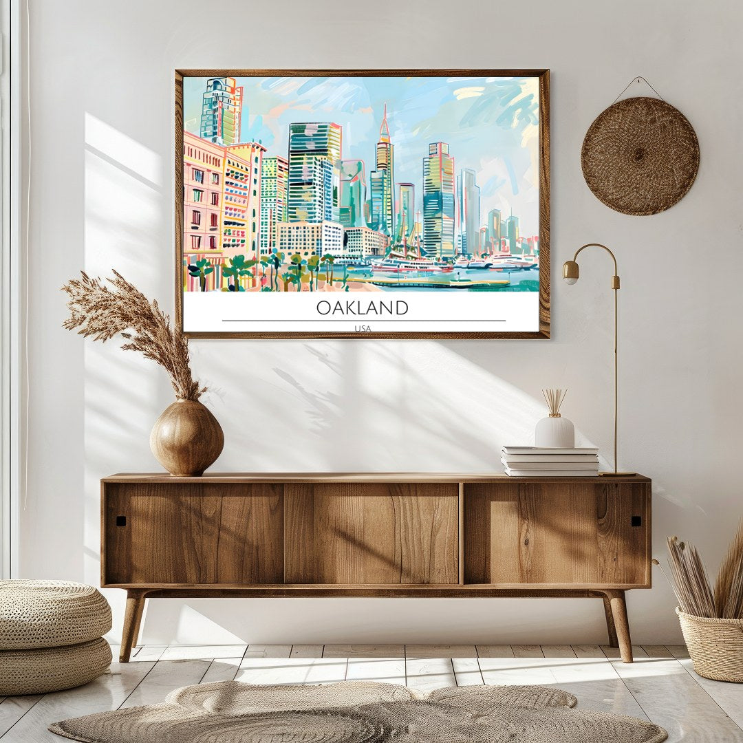 Immerse yourself in the dynamic cityscape of Oakland with this stunning artwork. Featuring a lively for Sitting Area