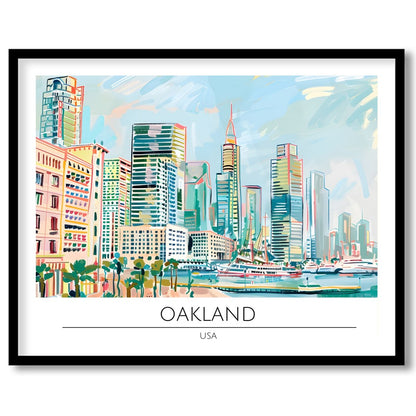 Immerse yourself in the dynamic cityscape of Oakland with this stunning artwork. Featuring a lively for sweet-home