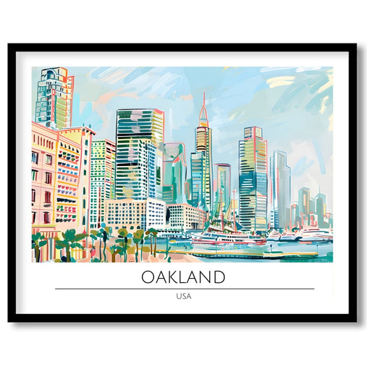 Immerse yourself in the dynamic cityscape of Oakland with this stunning artwork. Featuring a lively for sweet-home
