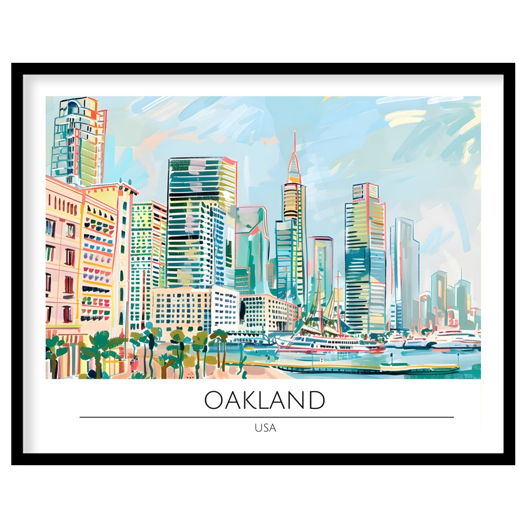 Immerse yourself in the dynamic cityscape of Oakland with this stunning artwork. Featuring a lively for sweet-home