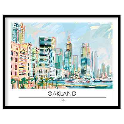 Immerse yourself in the dynamic cityscape of Oakland with this stunning artwork. Featuring a lively for sweet-home
