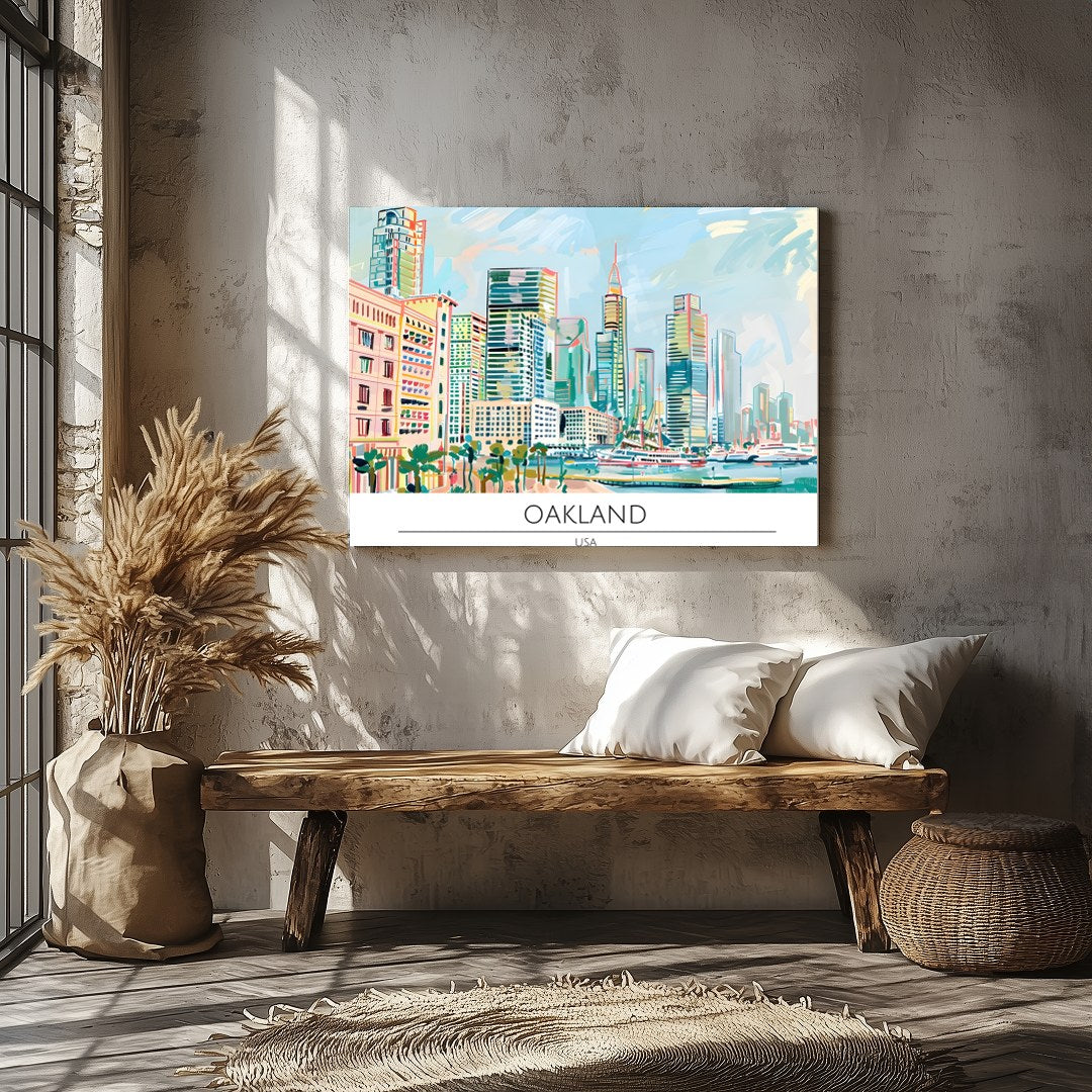Immerse yourself in the dynamic cityscape of Oakland with this stunning artwork. Featuring a lively for Veranda